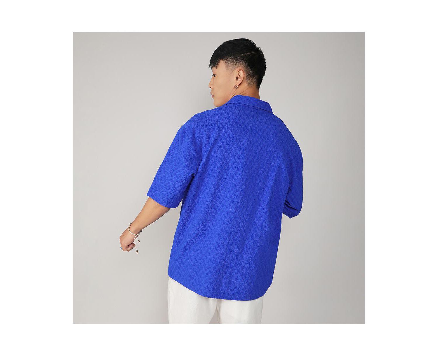 Men's Royal Blue Textured Geometric Oversized Shirt