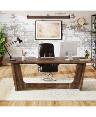 70.87-Inch Executive Computer Desk: Large Home Office Desk with Solid Wooden Pedestal, Industrial Wood Study Writing Table, Brown