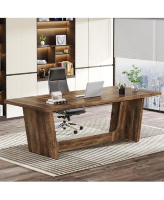 70.87-Inch Executive Computer Desk: Large Home Office Desk with Solid Wooden Pedestal, Industrial Wood Study Writing Table, Brown