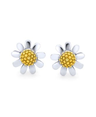 Summer Spring Time Two Tone Multi Charm Sunflower Daisy Flower Stud Earring For Women Yellow 14K Gold Plated .925 Sterling Silver