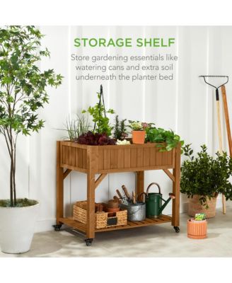 Elevated Mobile Pocket Herb Garden Bed Planter with Lockable Wheels and Storage Shelf