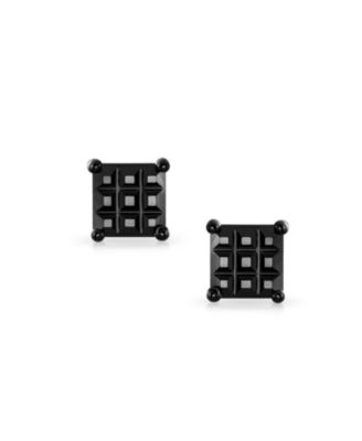 Black On Black Invisible Cut Square CZ Checkboard Cubic Zirconia Prong Basket Set Stud Earrings Sterling Silver