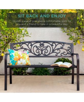 Outdoor Steel Bench Garden Patio Porch Furniture w/ Floral Design Backrest