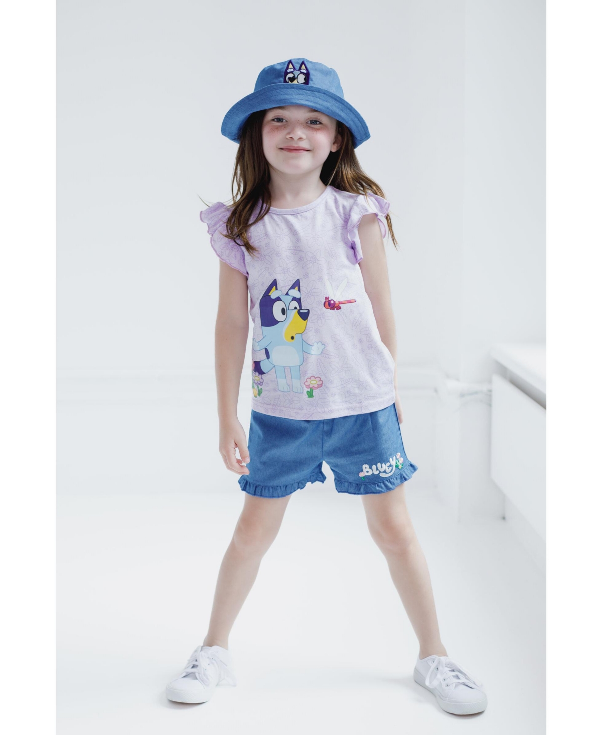 Bluey Little Girls Tank Top Chambray Shorts and Bucket Sun Hat 3 Piece Outfit Set -/ blue