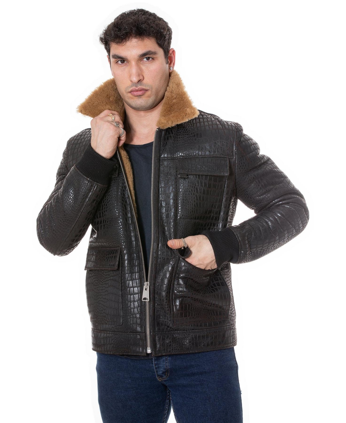 Furniq Uk Men's Shearling Bomber Jacket,Crocodile Emboss with Ginger Wool - Brown