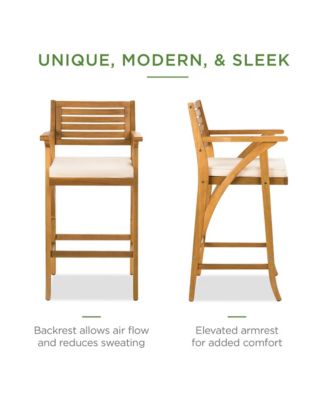 Set of 2 Outdoor Acacia Wood Bar Stools Bar Chairs w/ Weather-Resistant Cushions - Teak Finish