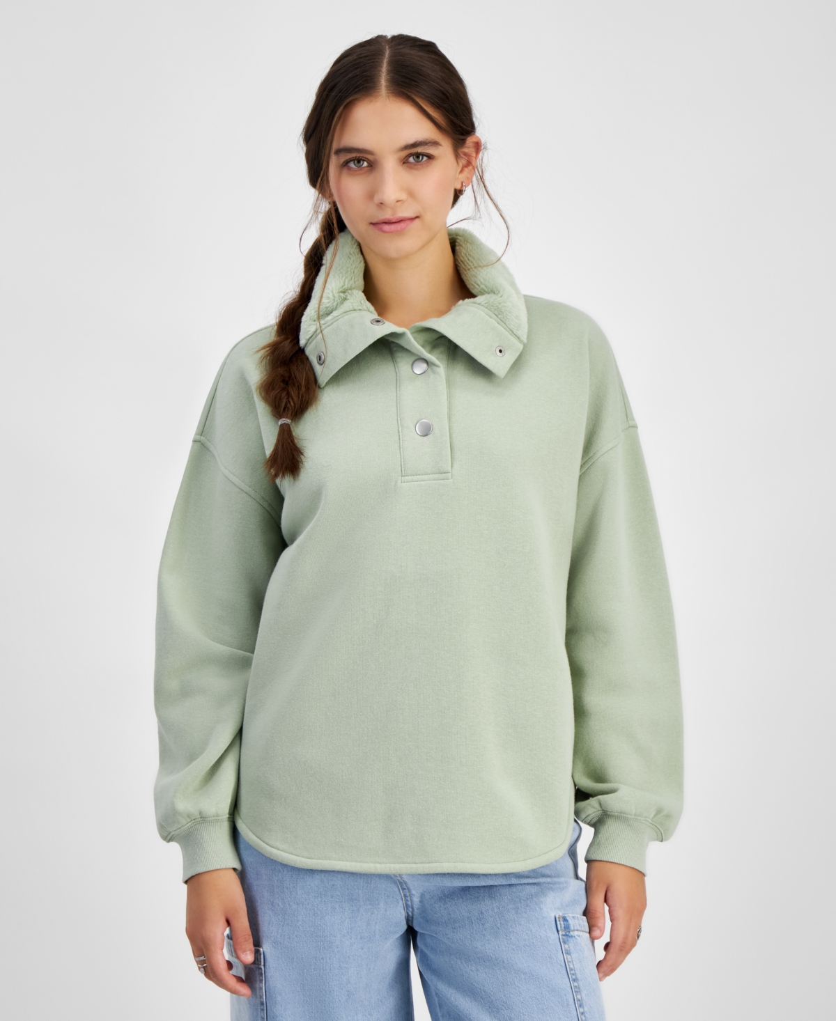 Juniors' Faux-Fur Collar Fleece Henley - Light Heather Grey