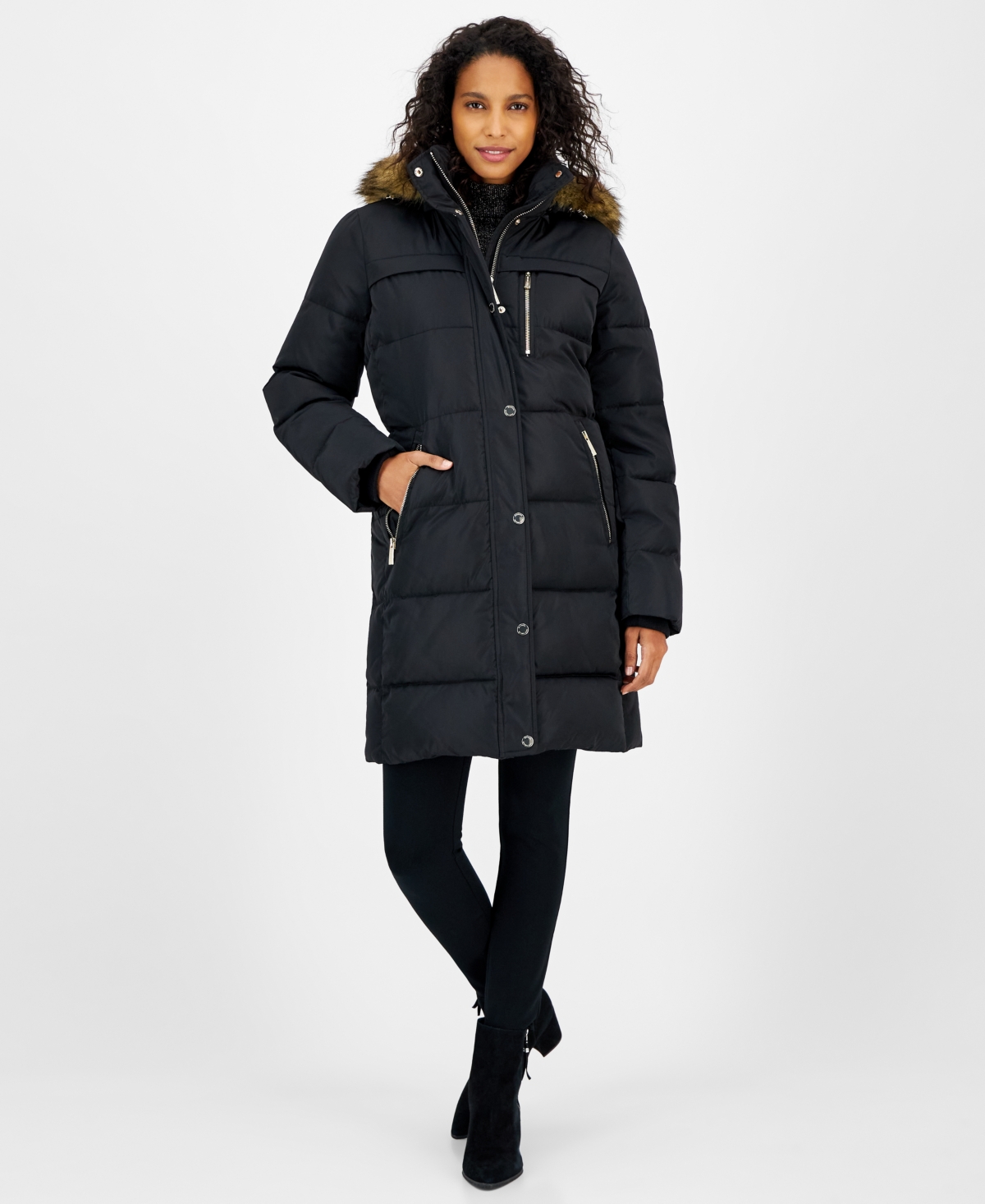 Michael Michael Kors Petite Faux-Fur-Trim Hooded Puffer Coat, Created for Macy's - Chocolate