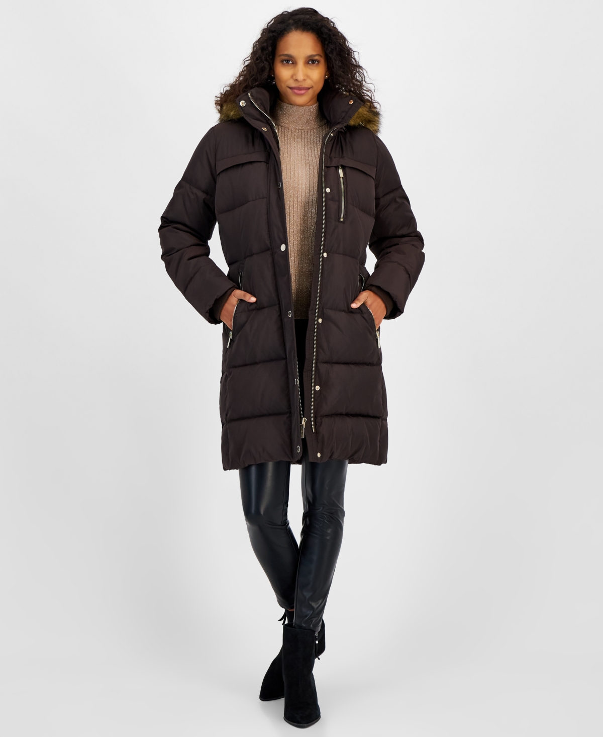 Michael Michael Kors Women's Faux-Fur-Trim Hooded Puffer Coat, Created for Macy's - Dark Olive