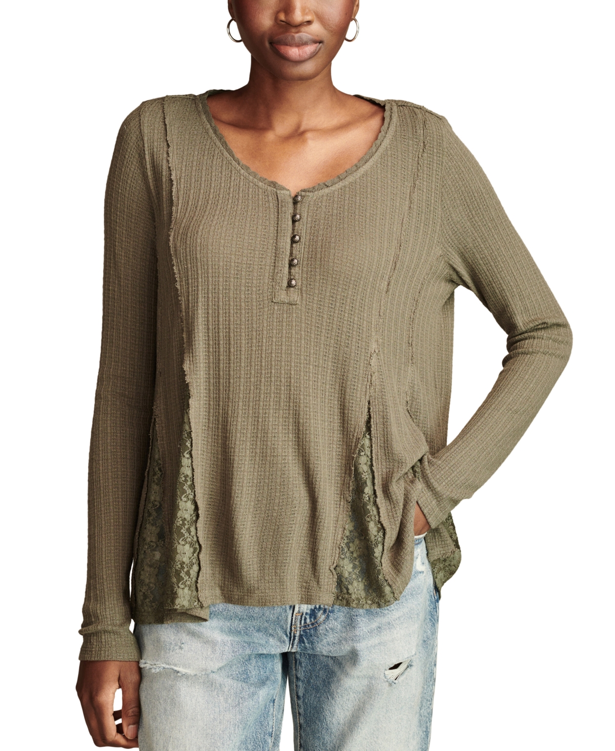 Shop Lucky Brand Women's Henley V-neck Lace-godet Swing Top In Olive