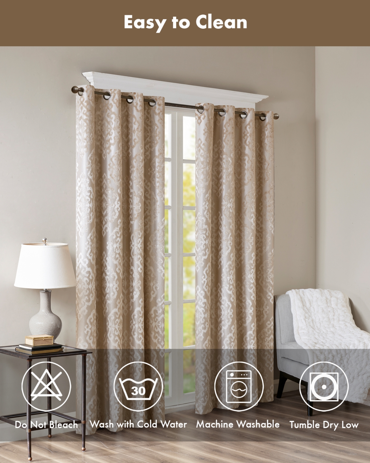 SunSmart Mirage Knitted Jacquard Damask Total blackout curtains for bedroom, Silver grommet top fit up to 1.25 inches rod Single Curtain Panel for Liv