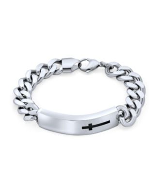 Name Plated Religious Side Ways Cross Identification ID Bracelet Curb Stainless Steel