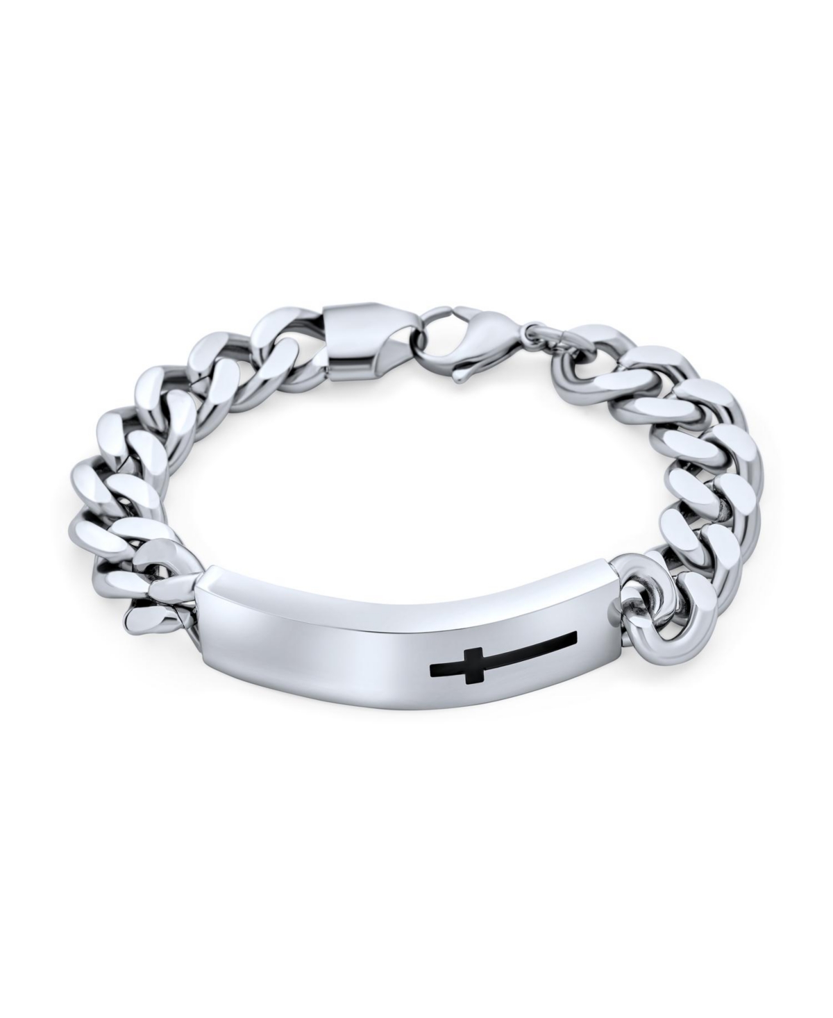 Bling Jewelry Name Plated Religious Side Ways Cross Identification Id Bracelet For Men Curb Stainless Steel