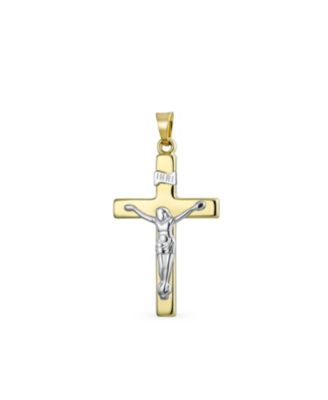 Delicate Two Tone Christian Religious Jesus Inri Crucifix Cross Necklace Pendant  White & 14K Yellow Gold Cross No Chain