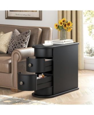 End Table with 2 Drawers, Sofa Side Table with Storage, No Assembly Required, Closed Back, Slim Nightstand Vintage Wood Bedside Table