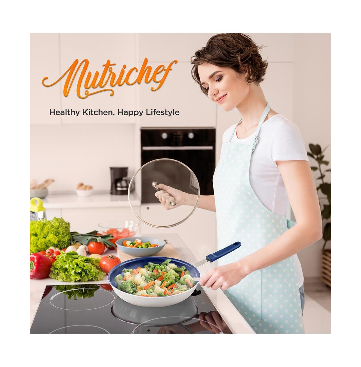 NutriChef 12'' Large Fry Pan with Lid - Non-stick Pan with Silicone Handle, Ceramic Coating Inside