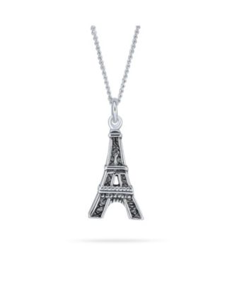 French Vacation Cz Accent Dangling Paris France Eiffel Tower Pendant Necklace Oxidized .925 Sterling Silver