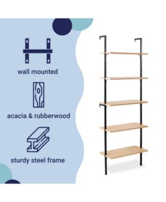 Madera  Industrial 5-Shelf Wood Wall-Mounted Open Ladder Bookcase, Metal Frame
