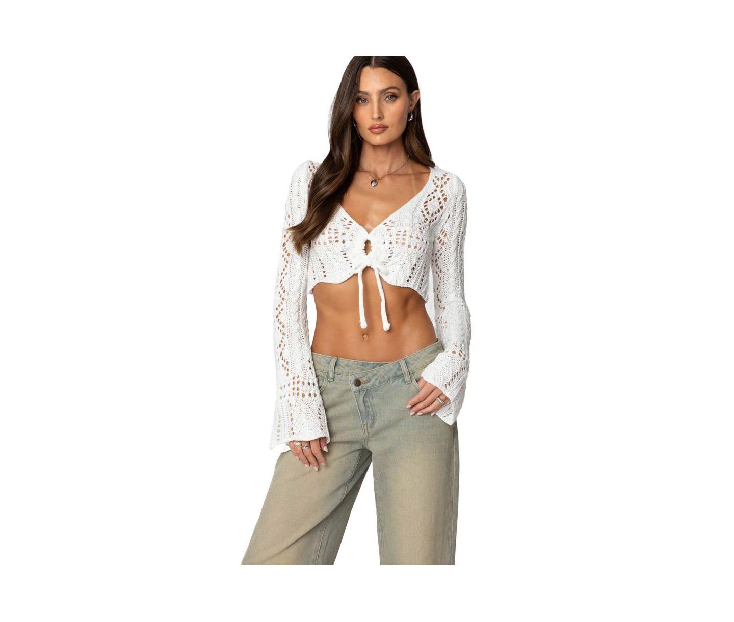 Женский топ Edikted Tie Front Crochet Crop, цвет: Белый — фото 1