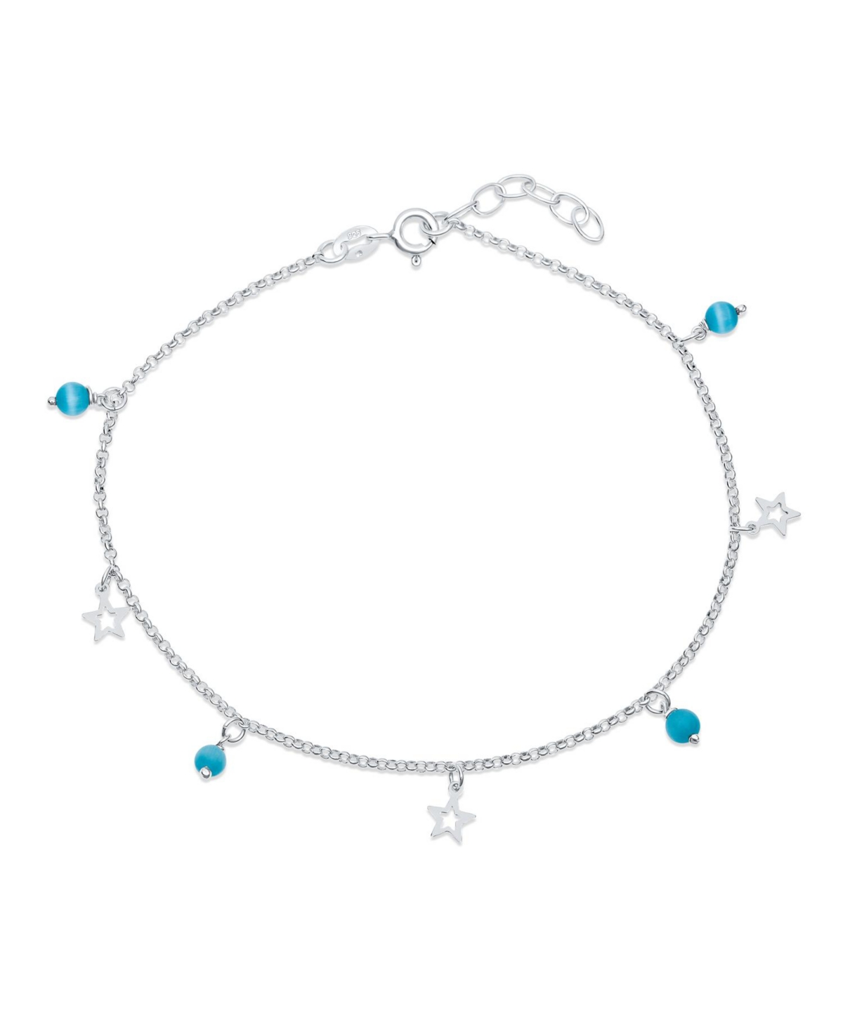 Dangle Aqua Blue Vacation Cats Eye Bead Anklet Open Star Multi Charm Ankle Bracelet .925 Sterling Silver Adjustable - Blue