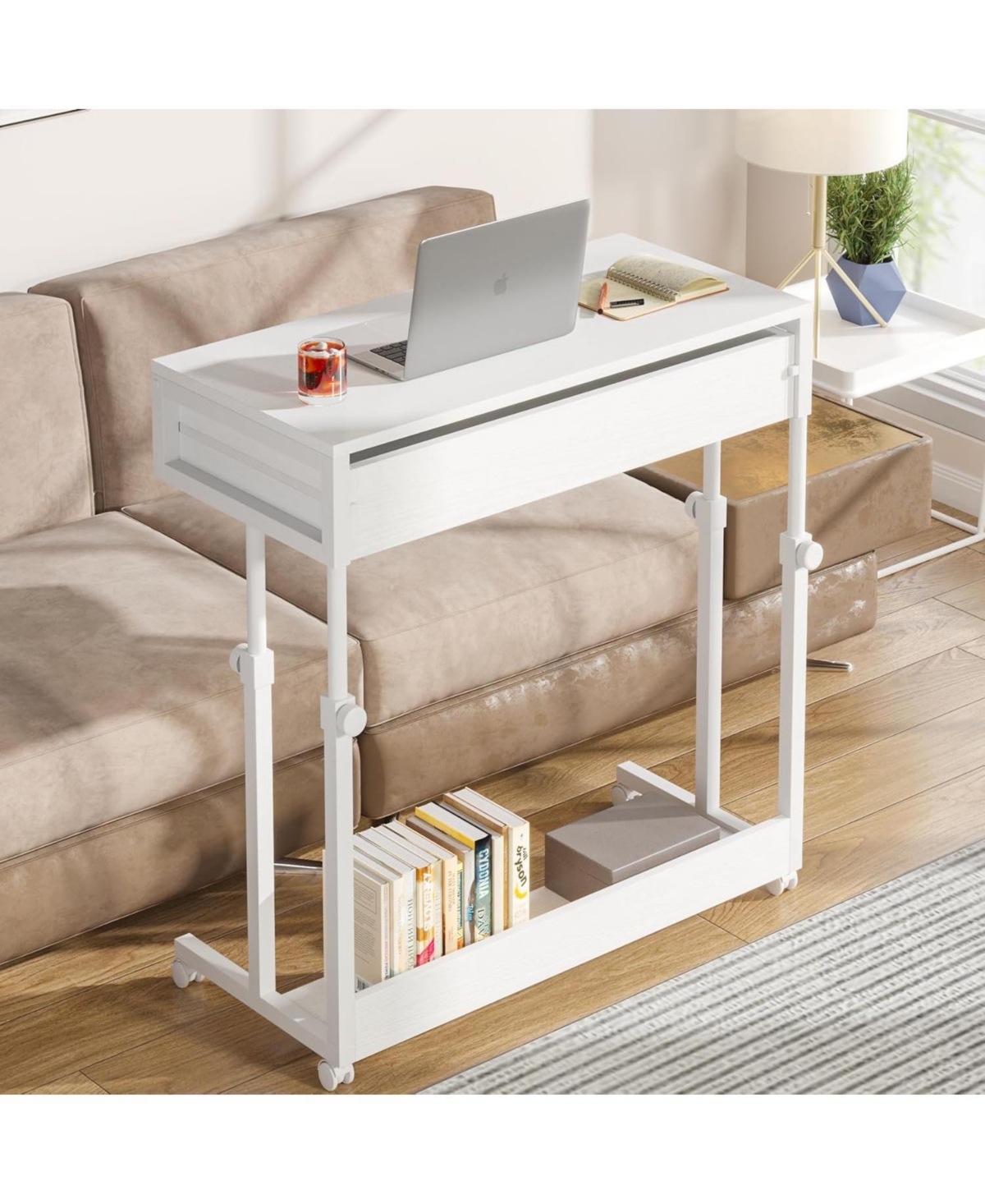 Tribesigns Portable Desk with Drawers, Mobile Laptop Desk with Wheels, Couch Desk Sofa Side Table Bed Desk, Small Standing Desk for Home Office - Whit