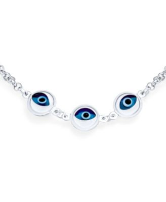 Turkish Spiritual Protection Amulet Station Chain Link Three Blue Evil Eye Charm Bracelet Sterling Silver 7.5 Inch
