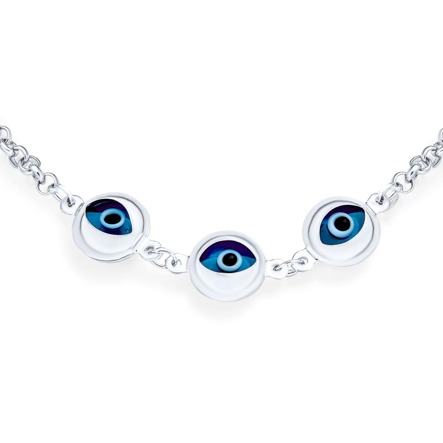 Turkish Blue Evil Eye Charm Chain Link Bracelet .925 Sterling Silver 7.5"