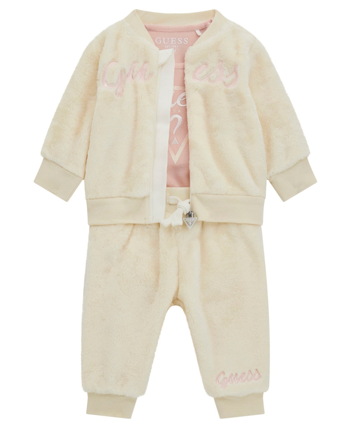 Guess Baby Girl Active Zip-up Sweatshirt And Pant, 3-piece Set In White