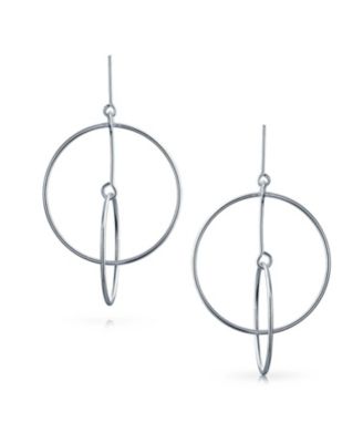 Minimalist Geometric Round Thin One Two Open Interlocking Circle Dangle Earrings .925 Sterling Silver 2.5 Inch Diameter