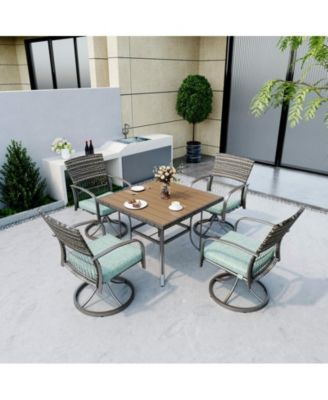5-Piece Patio Outdoor Dining Set with Square Table and Rattan Swivel Chairs with Green Cushion