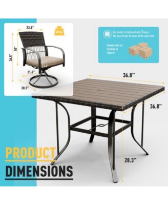 5-Piece Patio Outdoor Dining Set with Square Table and Rattan Swivel Chairs with Green Cushion