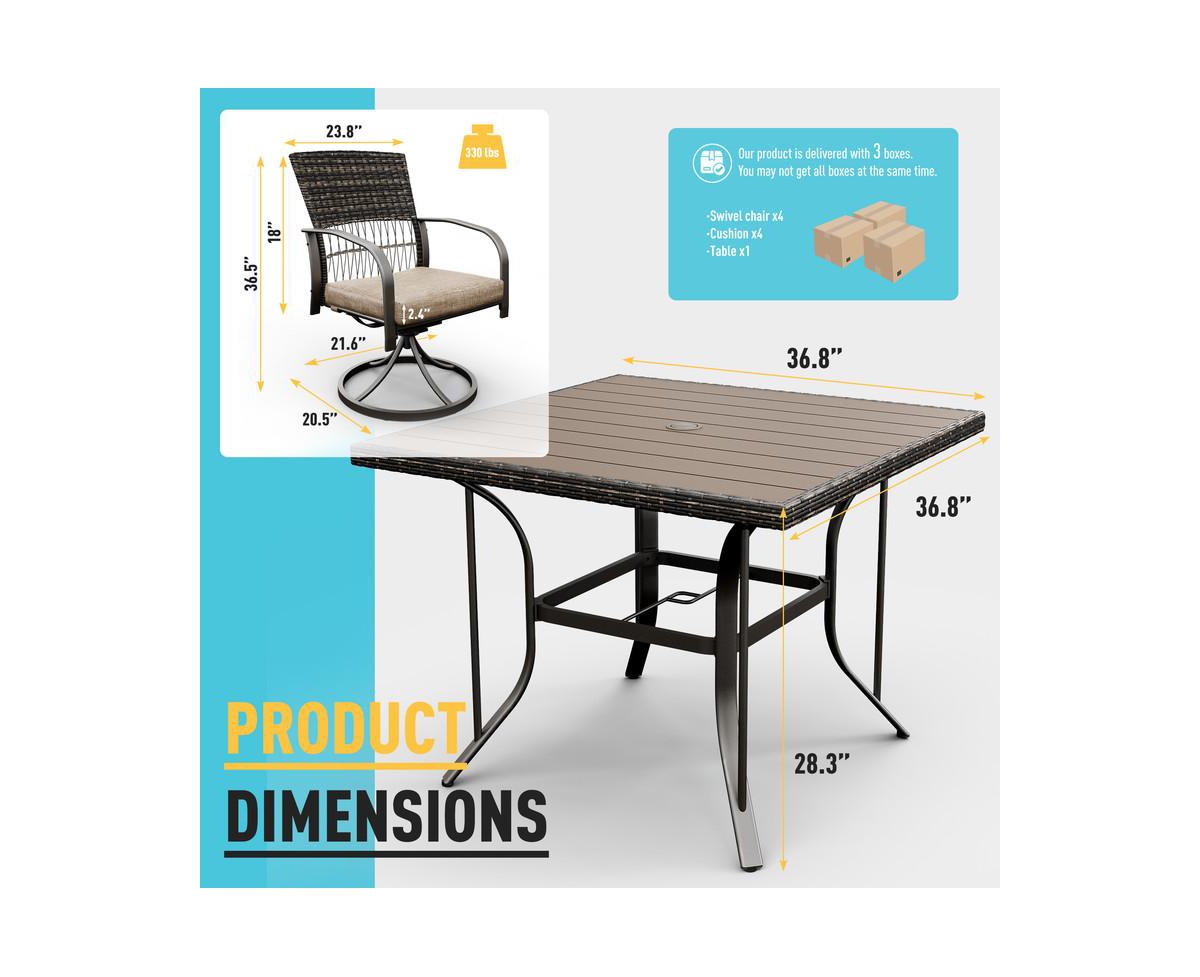 Pamapic 5-Piece Patio Outdoor Dining with Square Table and Rattan Swivel Chairs with Green Cushion