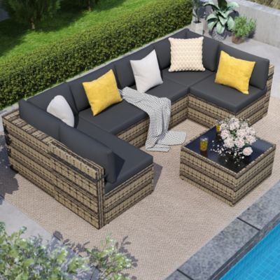 Gray 7-Piece Wicker Outdoor Sectional Set with Coffee Table and Cushions