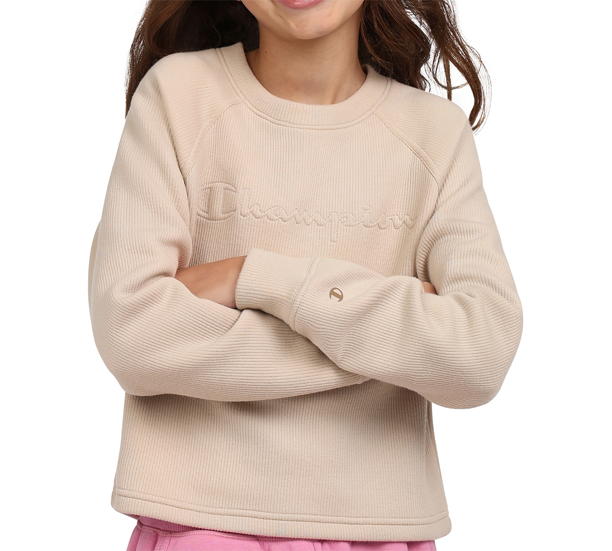 Shop Champion Big Girls Active Ribbed Crewneck Sweatshirt In Sand Khaki