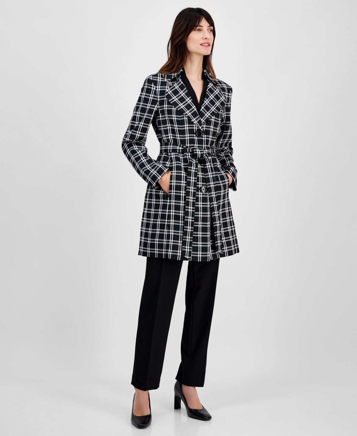 Women's Plaid Belted Trench Suit, Regular & Petite - Black/Vanilla Ice