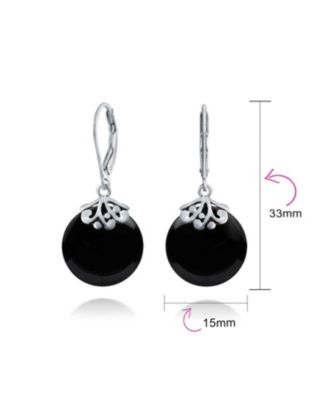 Lever Back Natural Black Onyx Flat Round Circle Disc Dangle Drops Earrings .925 Sterling Silver