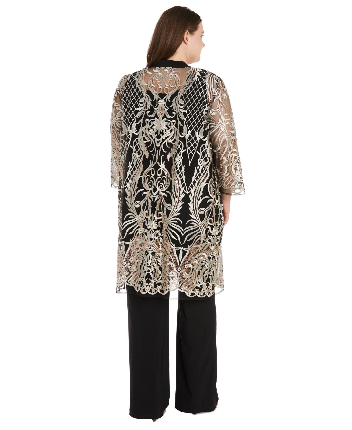 Женские комплекты R & M Richards Plus Size Embroidered Duster Jacket, Tank and Pants 3-Pc. Set, цвет: Чёрный / Золотой — фото 2