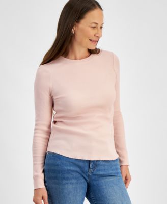 Petite Waffle-Knit Long-Sleeve Crewneck Top