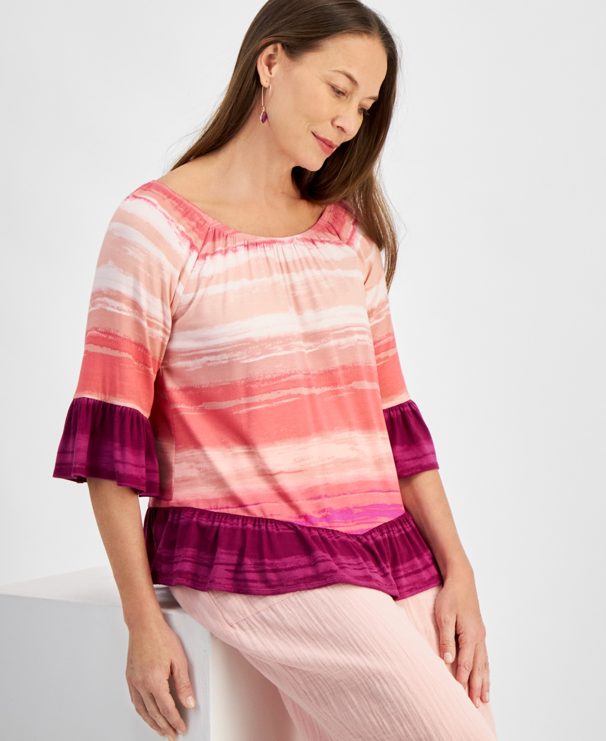 Style & Co Petite Dainty Flower Printed Flutter-Sleeve Top, Created for Macy's