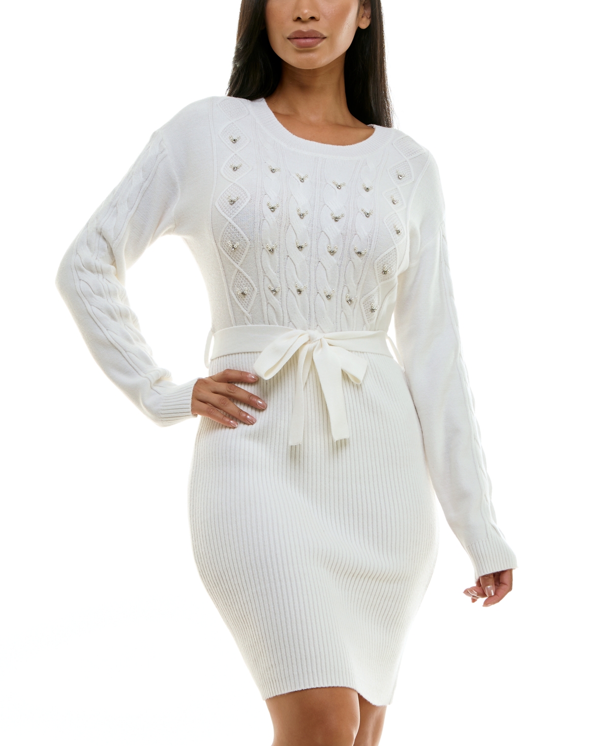 Rosie Harlow Juniors' Embellished Mixed-Stitch Sweater Dress