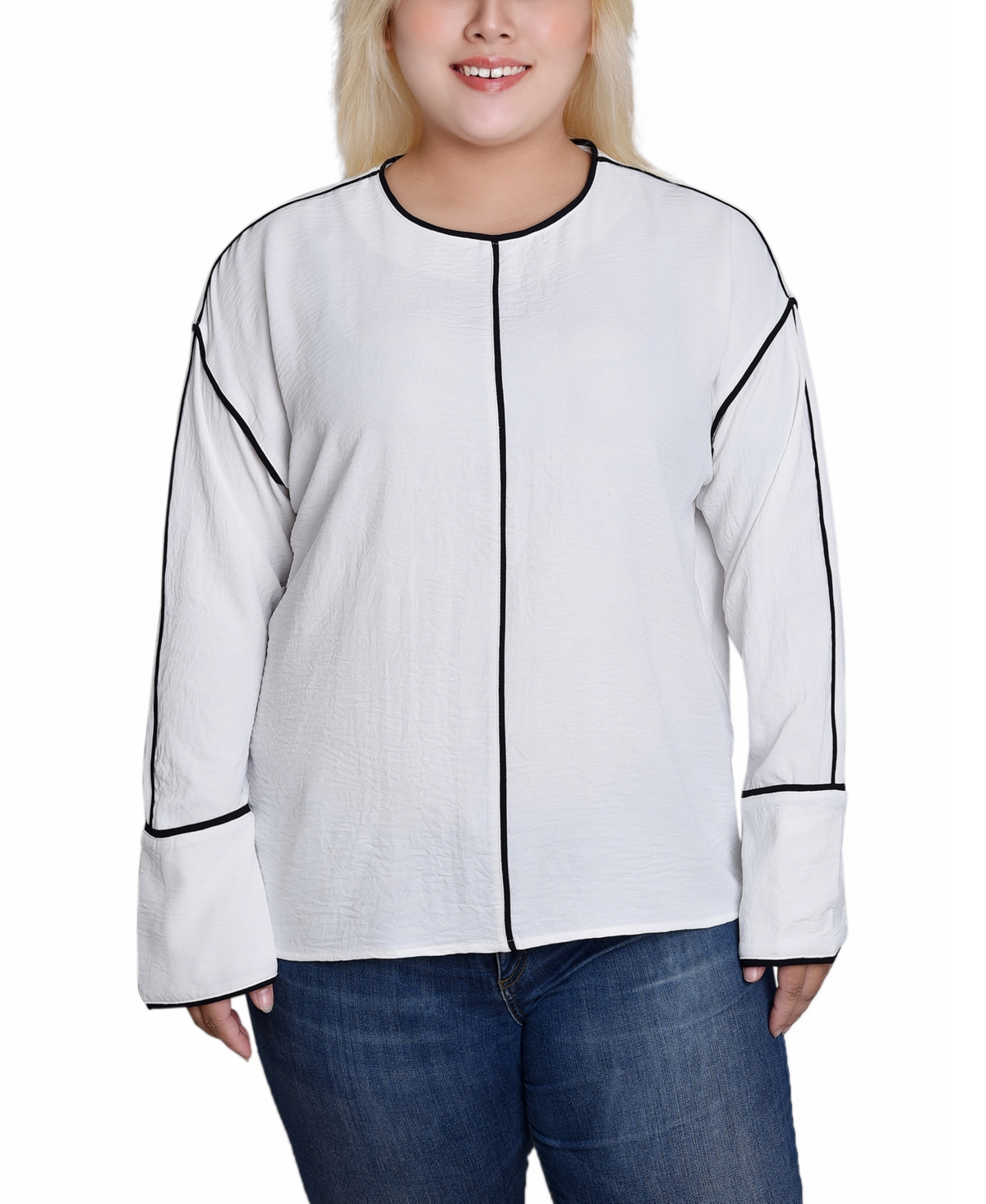 NY COLLECTION PLUS SIZE LONG SLEEVE CONTRAST PIPED BLOUSE 