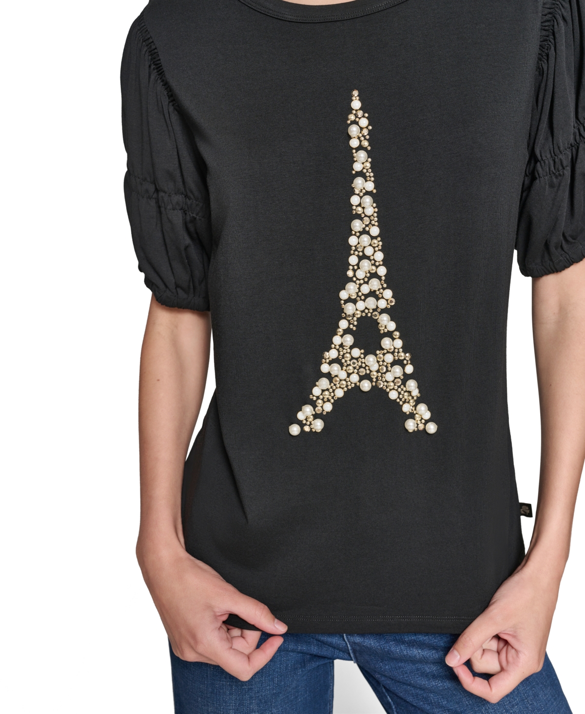 Karl Lagerefeld Paris Women's Puff Sleeve Embellished Eiffel Tower T-Shirt - Gold