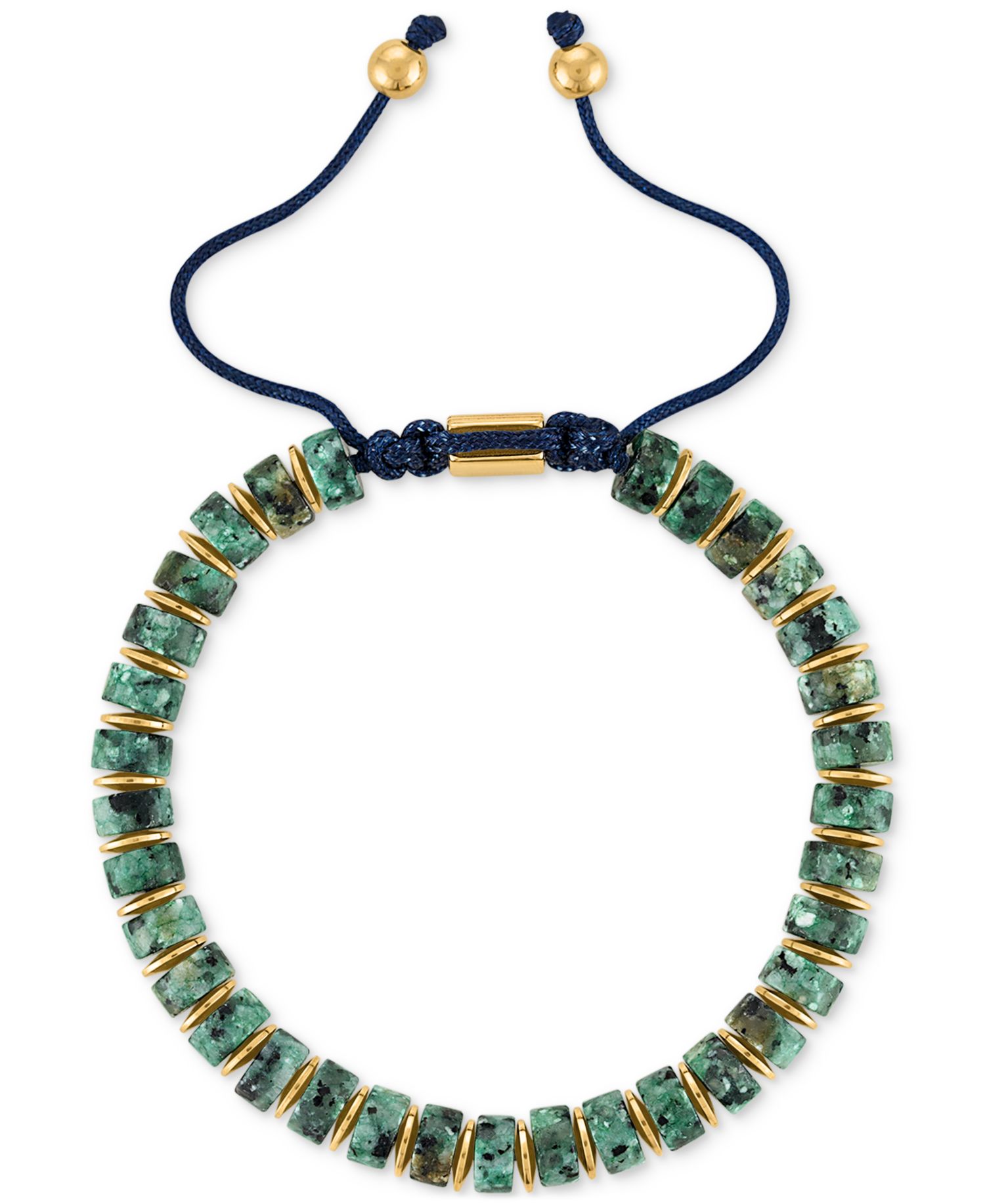 Green Agate Bead Blue Cord Bolo Bracelet in Gold-Tone Ion-Plated Stainless Steel (Also in Jasper)