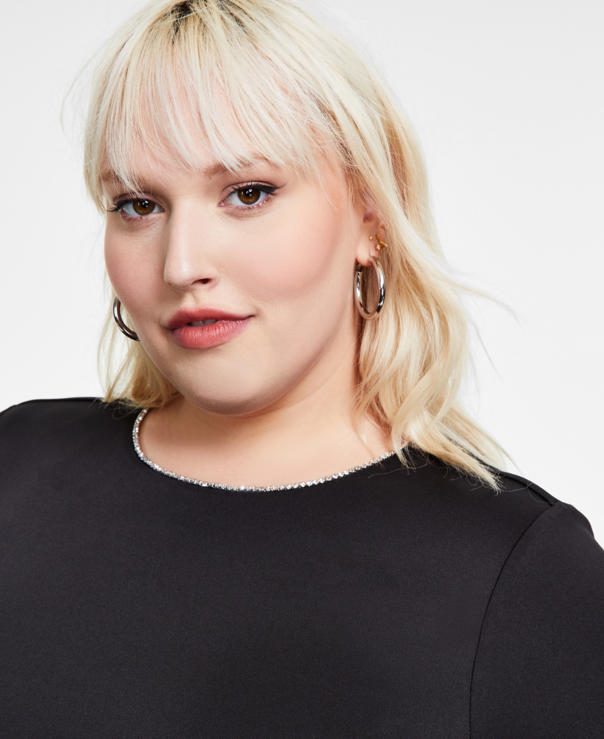 Bar Iii Trendy Plus Size Rhinestone-Trim Long-Sleeve Top, Exclusively at Macy's