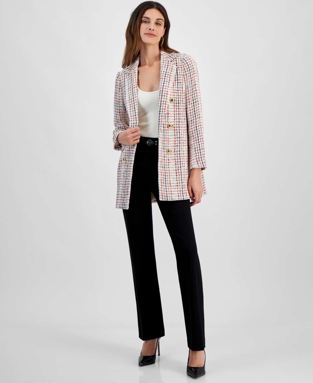 ANNE KLEIN WOMEN'S TWEED FAUX DOUBLE-BREASTED JACKET 