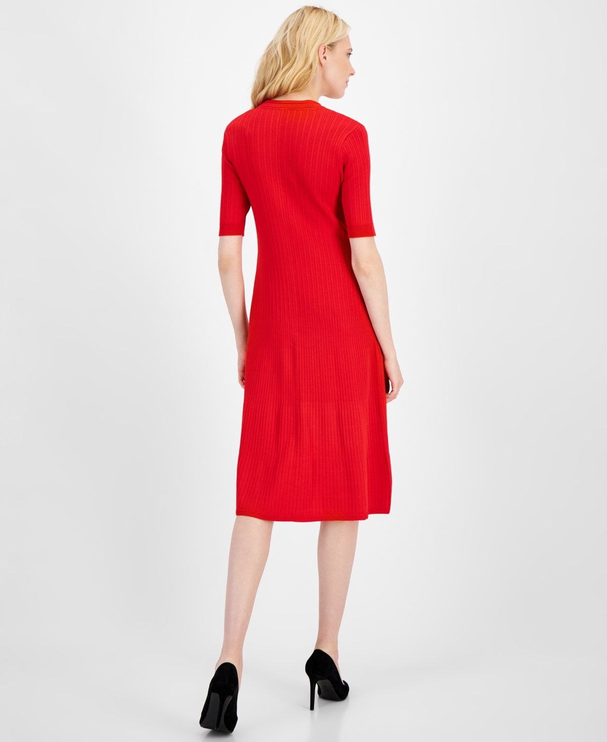 ANNE KLEIN WOMEN'S RIBBED BUTTON-FRONT A-LINE DRESS 