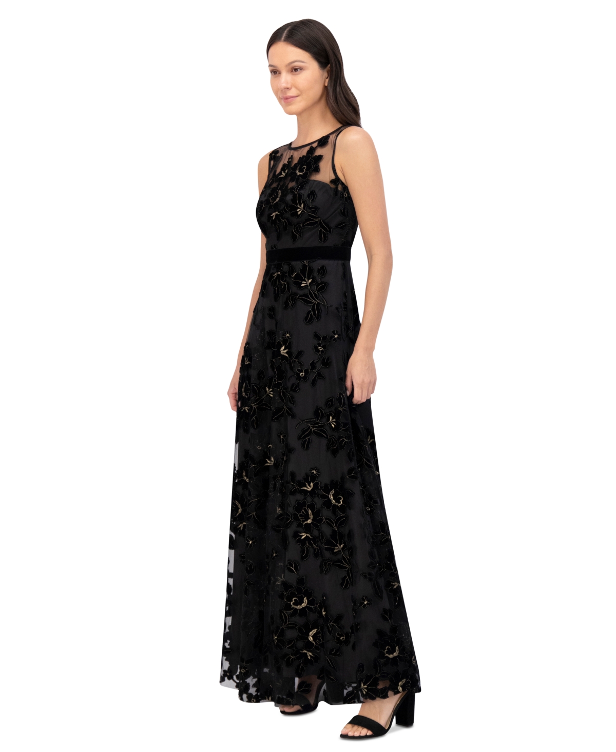 Eliza J Women's Flocked Floral Velvet Sleeveless Mesh Gown