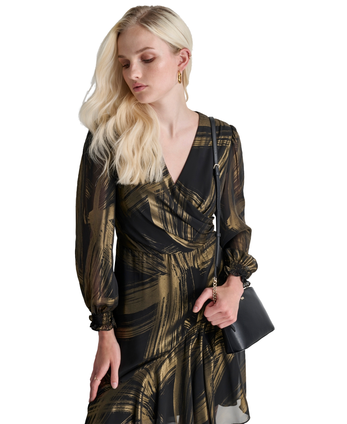 Dkny Women's Metallic-Print Asymmetric-Hem Dress -Gold