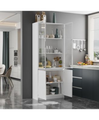 White Wood Accent Storage Cabinet With Tempered Glass Doors