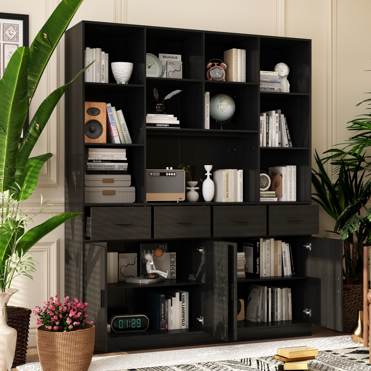 15-Shelf Standard Bookshelf with Adjustable Shelves, 4 Drawers
